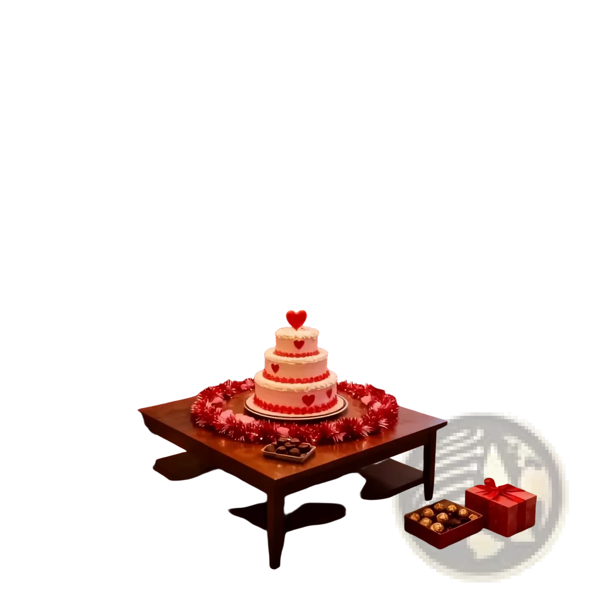 A three-tiered white wedding cake decorated with red heart accents surrounded by red pink metallic heart tinsel garland