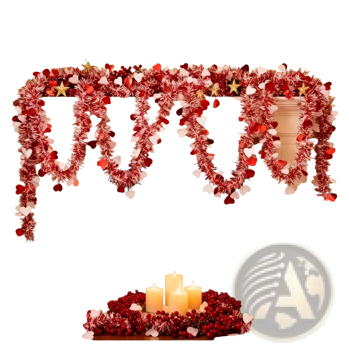 Red pink metallic heart tinsel garland with red and white tinsel and heart-shaped ornaments for valentine decor