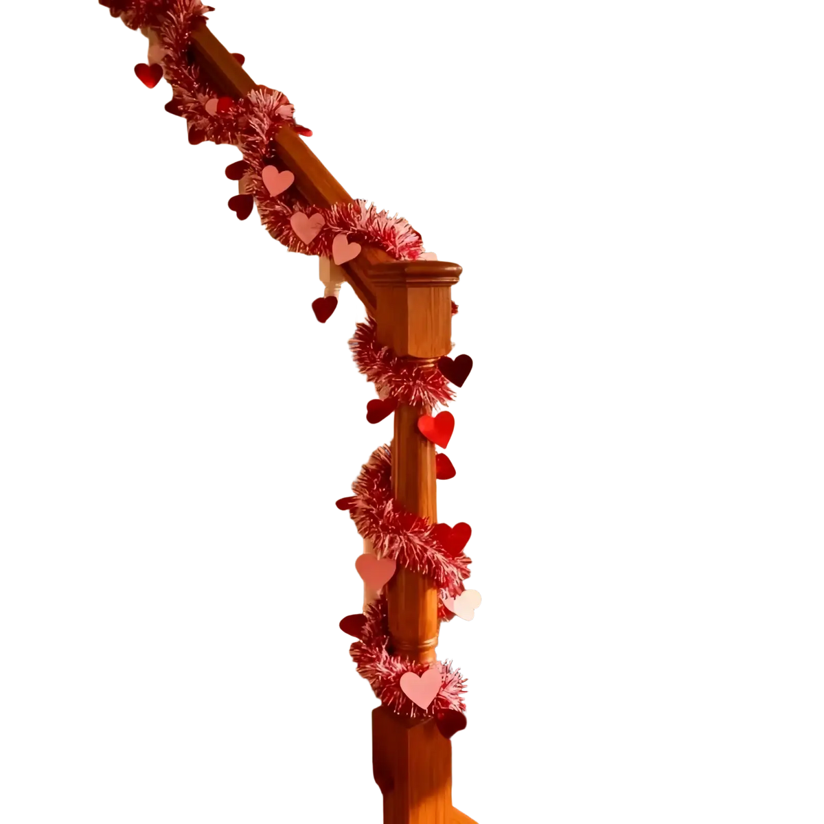 Red pink metallic heart tinsel garland with heart-shaped ornaments for Valentine decor