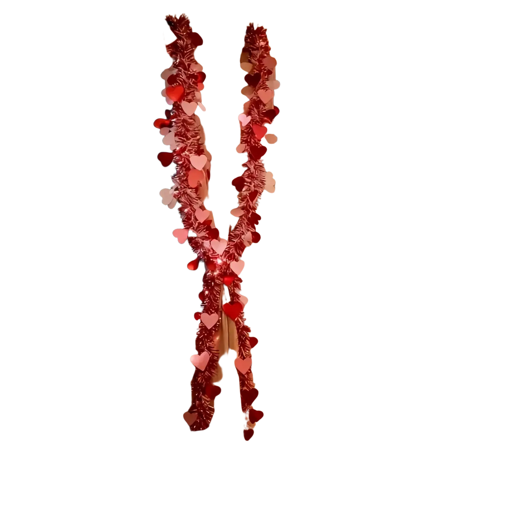A red and pink metallic heart tinsel garland with festive heart decorations draped on window curtains for Valentine decor