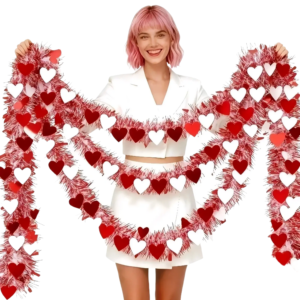 Red pink metallic heart tinsel garland featuring festive red and white heart designs with a shiny fringed texture for Valentine decor