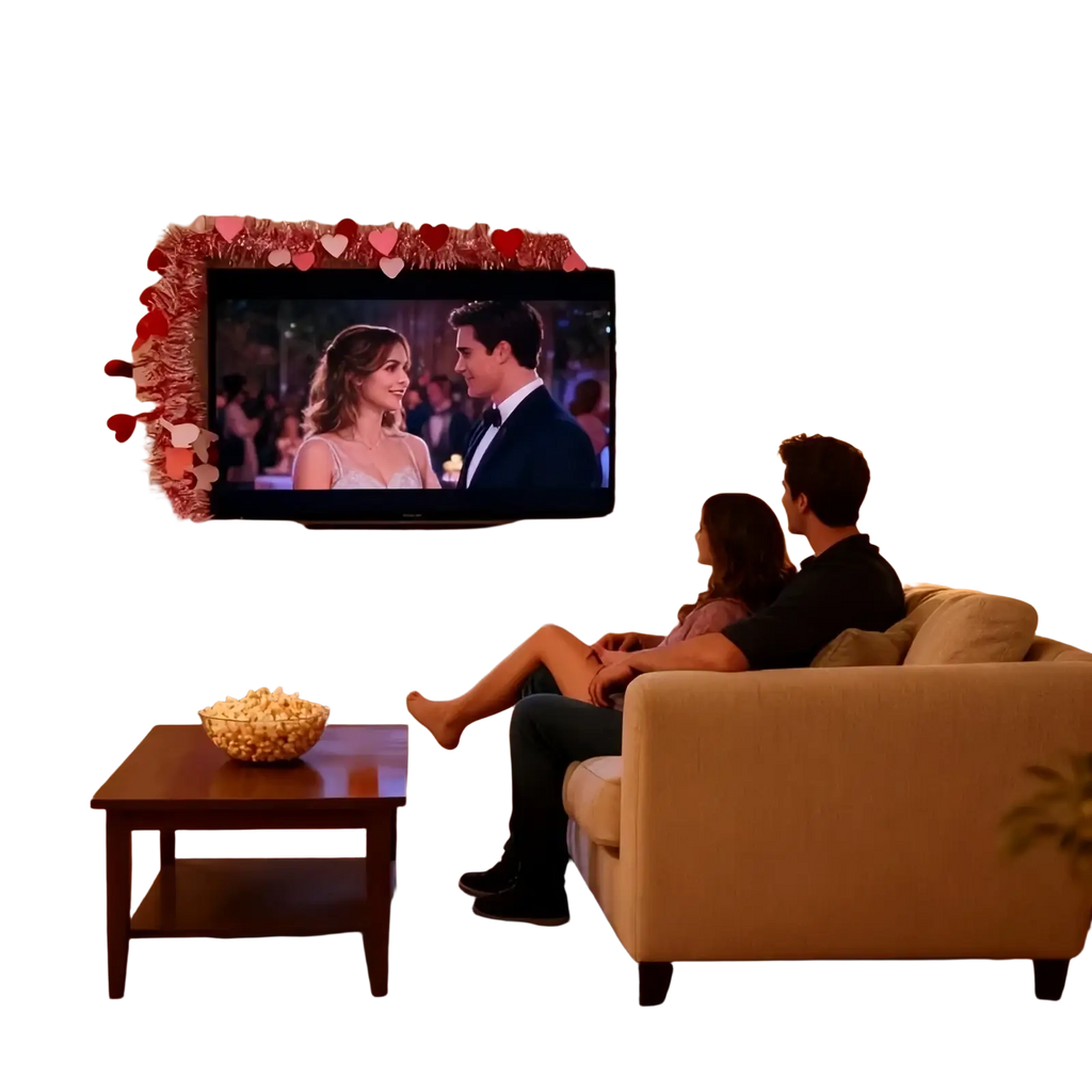 A flat-screen television framed by red pink metallic heart tinsel garland for valentine decor displaying a romantic scene