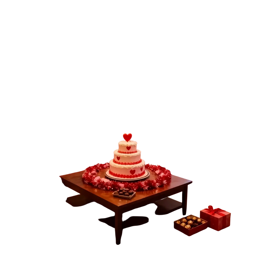 A three-tiered white wedding cake decorated with red heart accents surrounded by red pink metallic heart tinsel garland
