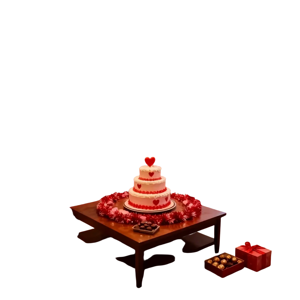 A three-tiered white wedding cake decorated with red heart accents surrounded by red pink metallic heart tinsel garland