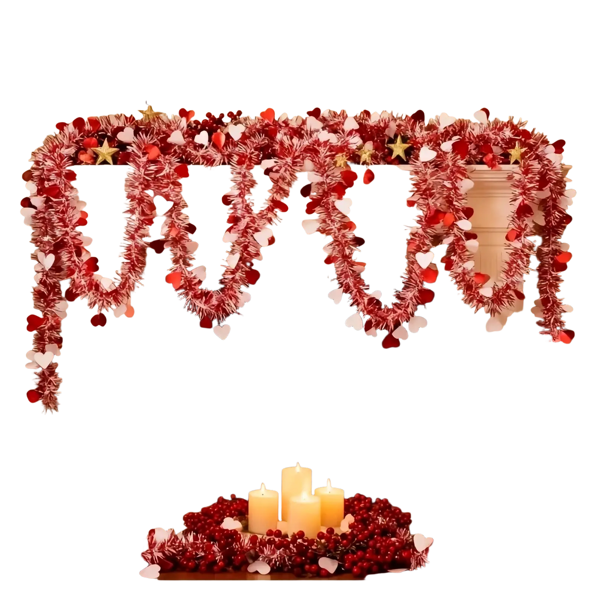 Red pink metallic heart tinsel garland with red and white tinsel and heart-shaped ornaments for valentine decor