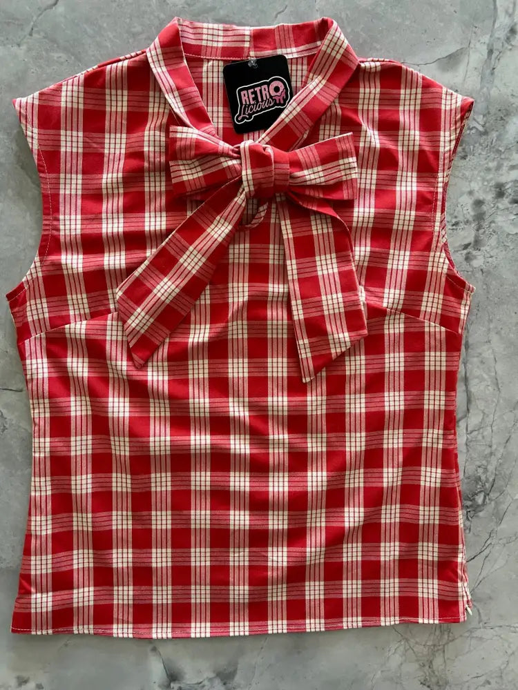 Vintage red and white plaid sleeveless blouse with a large bow at the collar in soft fabric