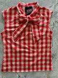 Vintage red and white plaid sleeveless blouse with a large bow at the collar in soft fabric