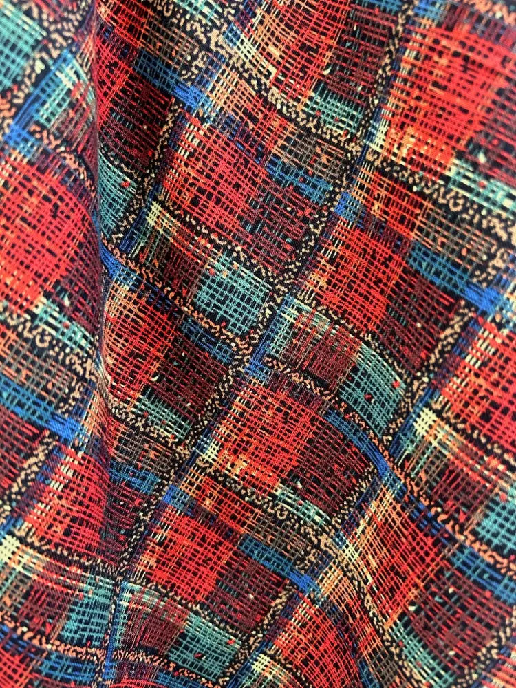 Holiday plaid Doris high waisted cotton flare skirt with pockets in vibrant red teal and navy textured plaid fabric