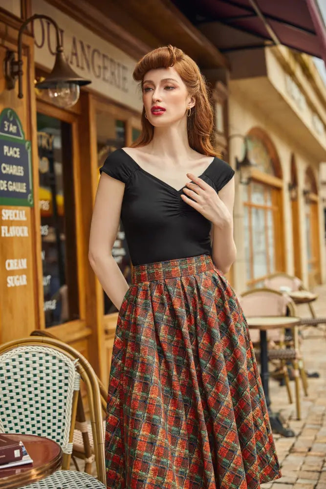 Holiday plaid Doris high waisted cotton flare skirt featuring red green and black vintage-inspired plaid with pockets