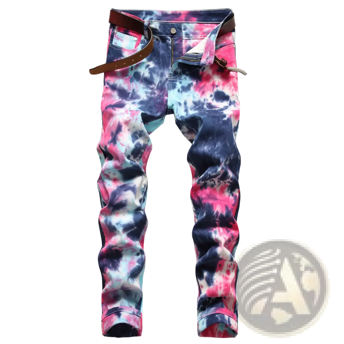 Red plaid slim fit denim jeans with vibrant pink blue and white tie-dye swirls and a brown leather belt