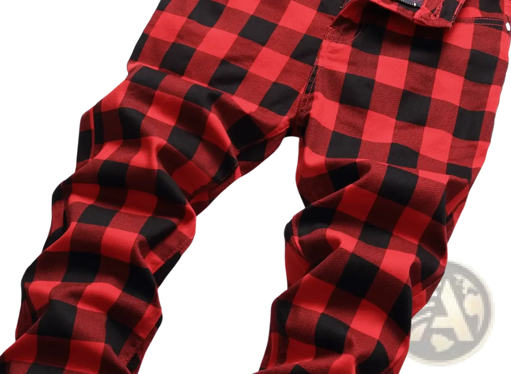 Red plaid slim fit denim jeans featuring a red and black plaid pattern made of durable denim fabric