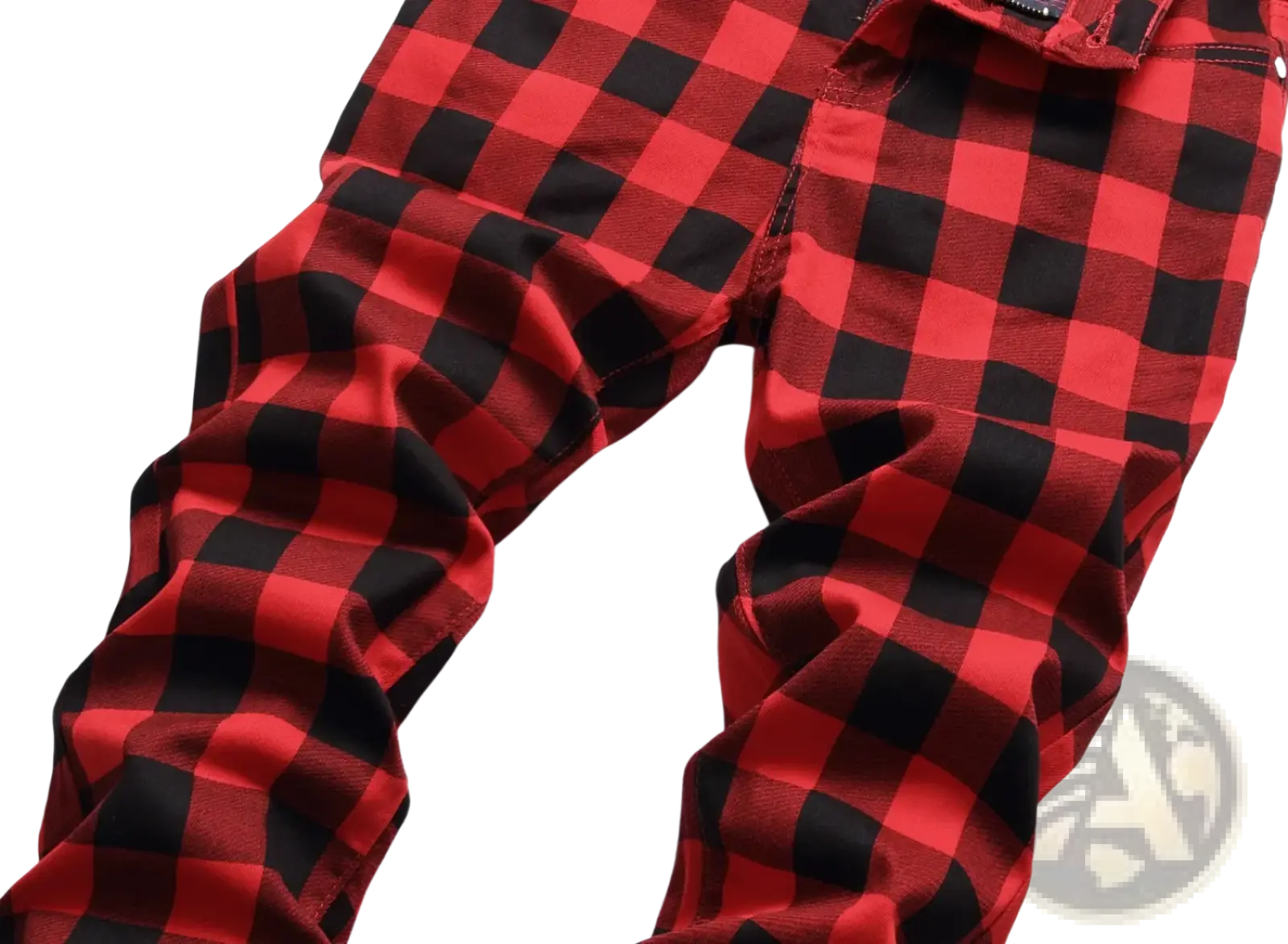 Red plaid slim fit denim jeans featuring a red and black plaid pattern made of durable denim fabric
