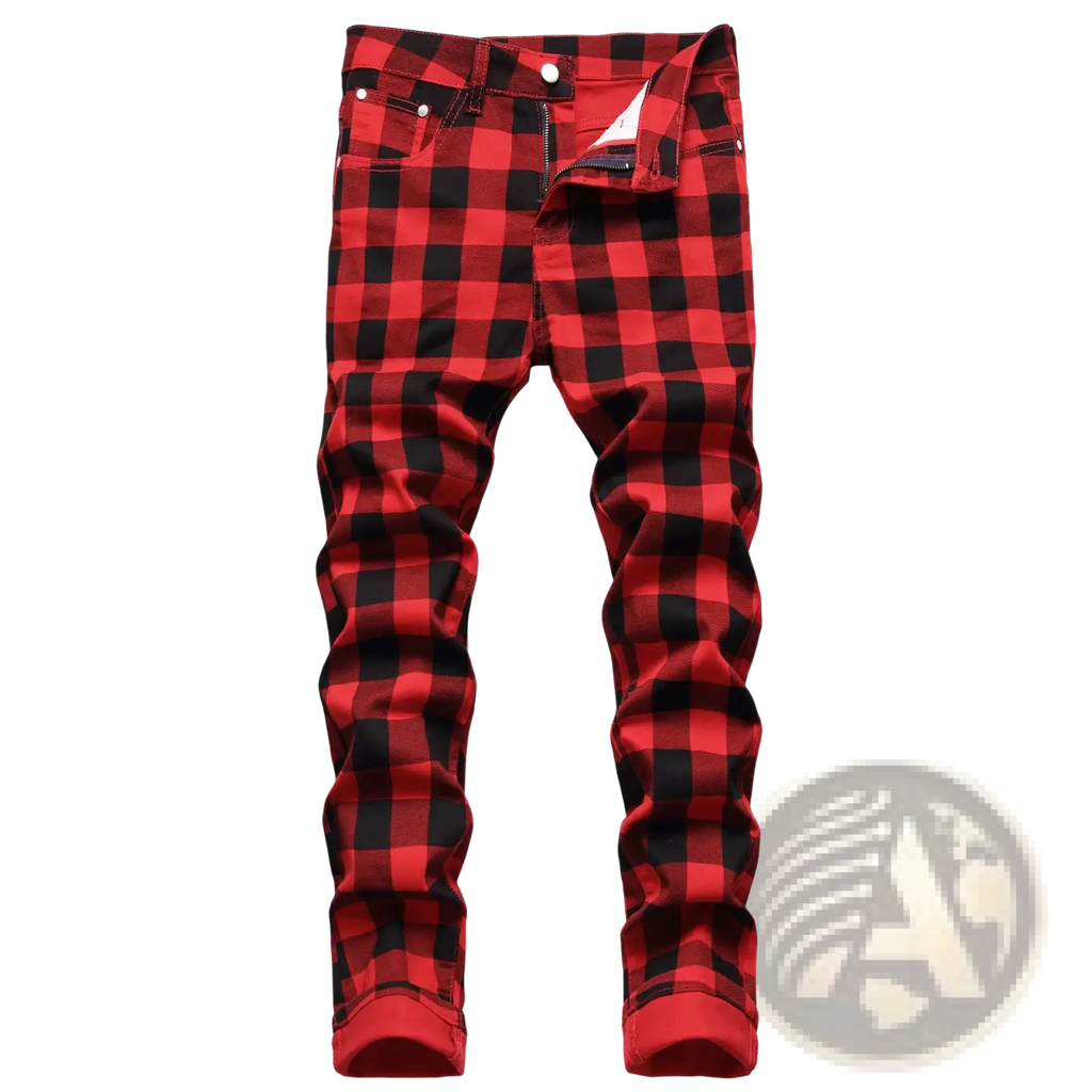 Red plaid slim fit denim jeans featuring red and black plaid pattern with a slim fit design