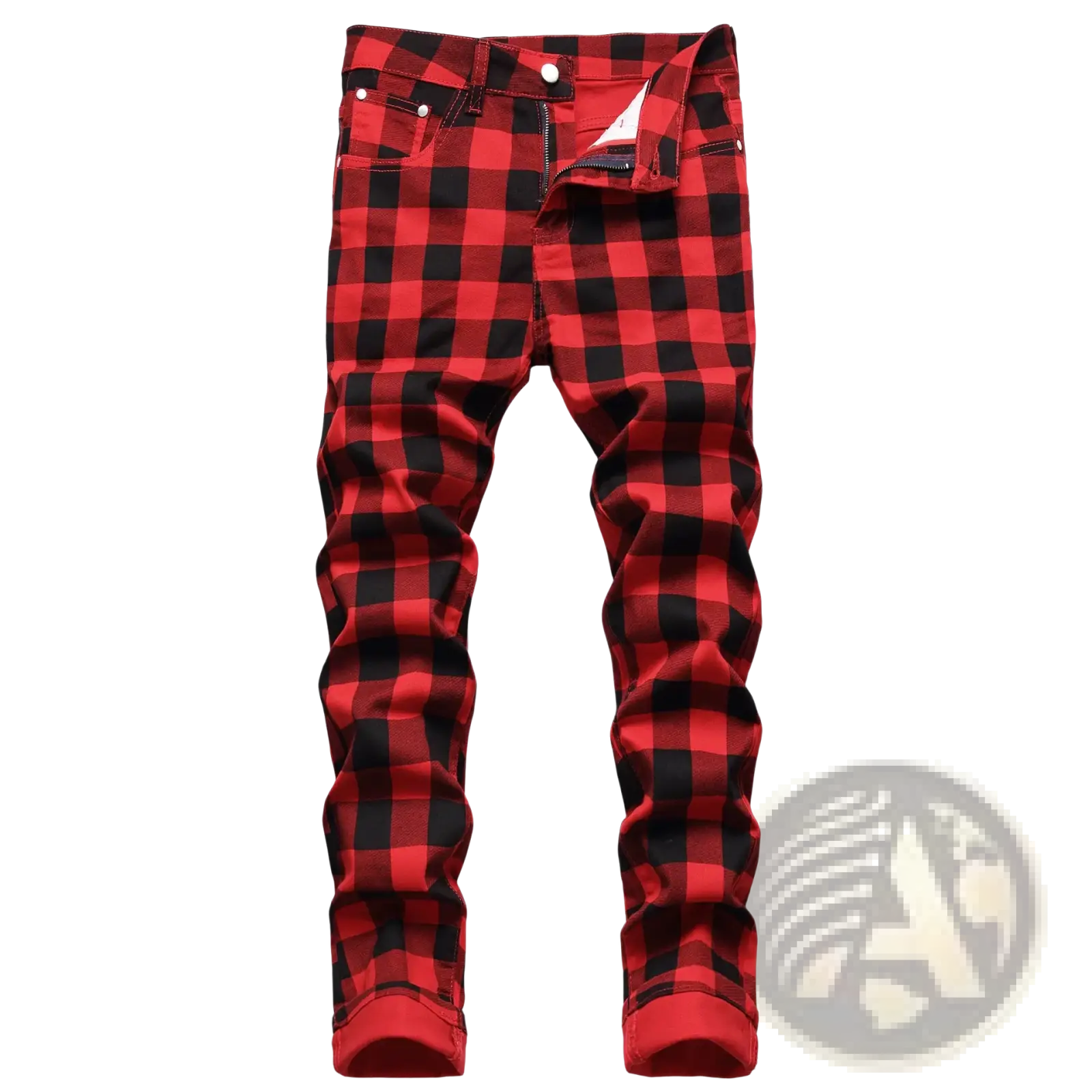 Red plaid slim fit denim jeans featuring red and black plaid pattern with a slim fit design