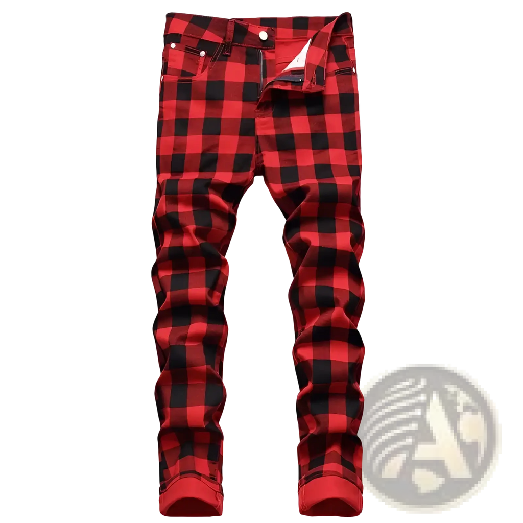 Red plaid slim fit denim jeans featuring red and black plaid pattern with a slim fit design