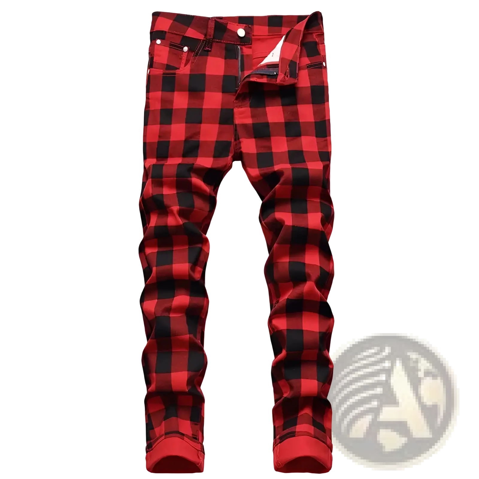 Red plaid slim fit denim jeans featuring red and black plaid pattern with a slim fit design