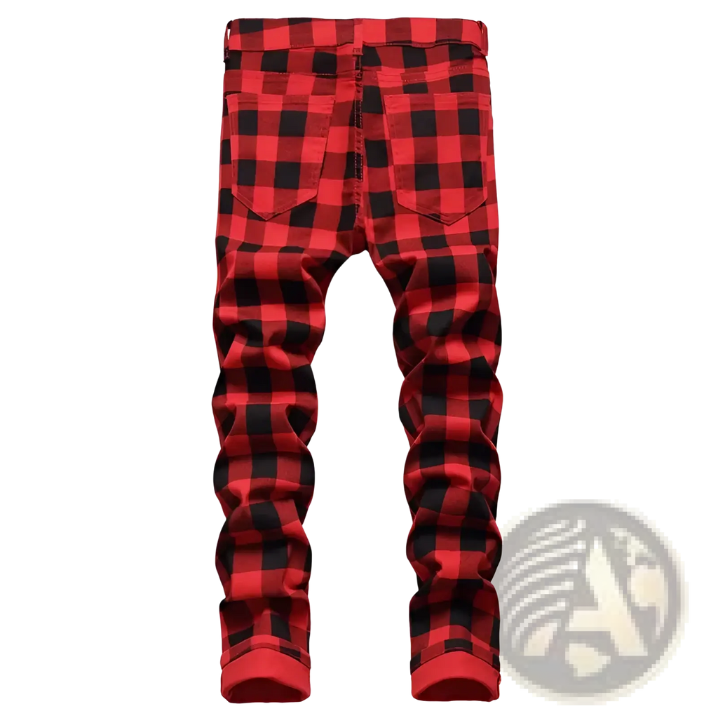 Red plaid slim fit denim jeans in red and black with rolled cuffs made of durable denim material