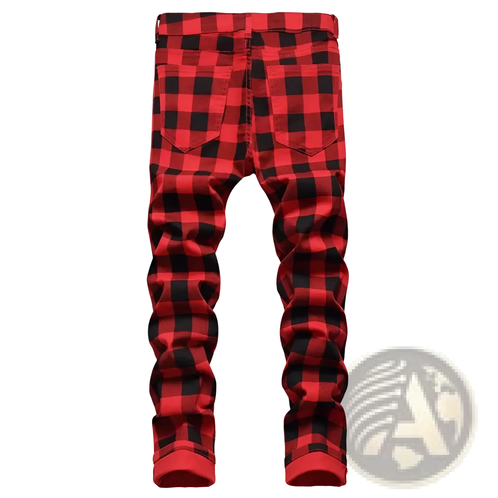 Red plaid slim fit denim jeans in red and black with rolled cuffs made of durable denim material