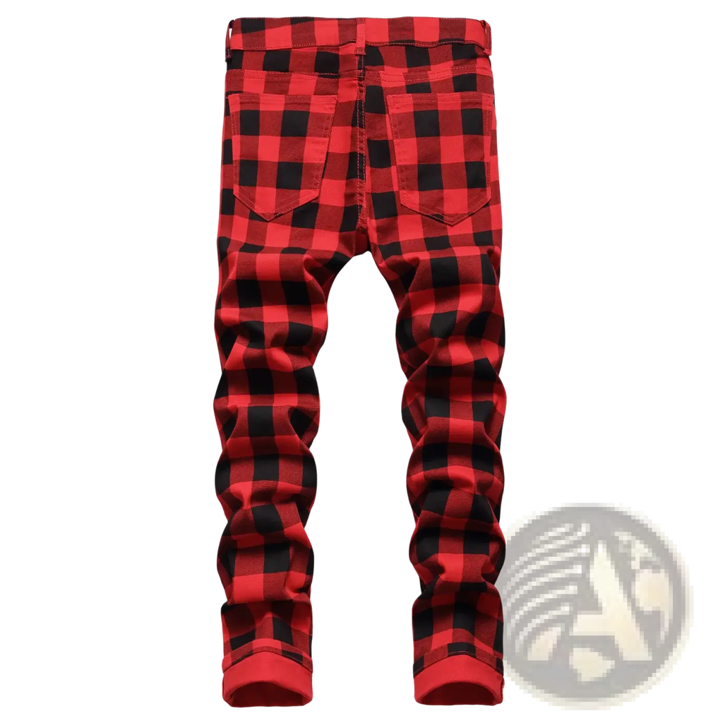 Red plaid slim fit denim jeans in red and black with rolled cuffs made from durable denim fabric