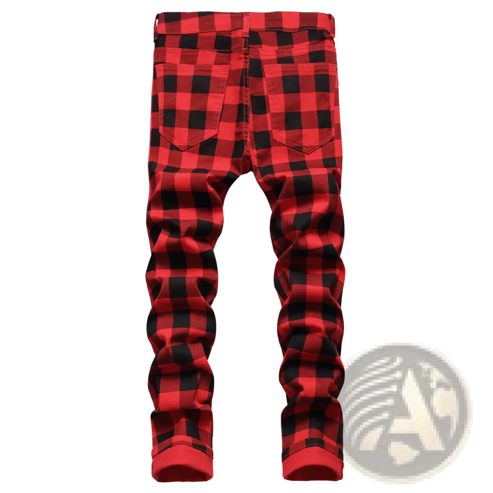 Red plaid slim fit denim jeans in red and black with rolled cuffs made from durable denim fabric