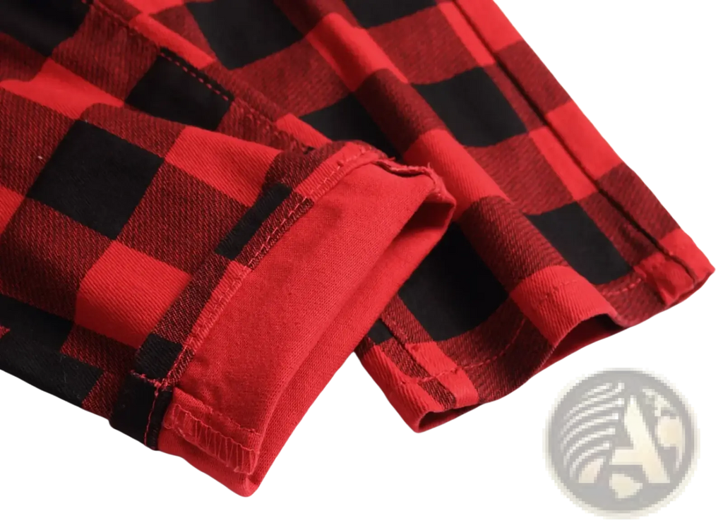 Red plaid slim fit denim jeans with classic red and black cotton plaid fabric featuring a checkered pattern