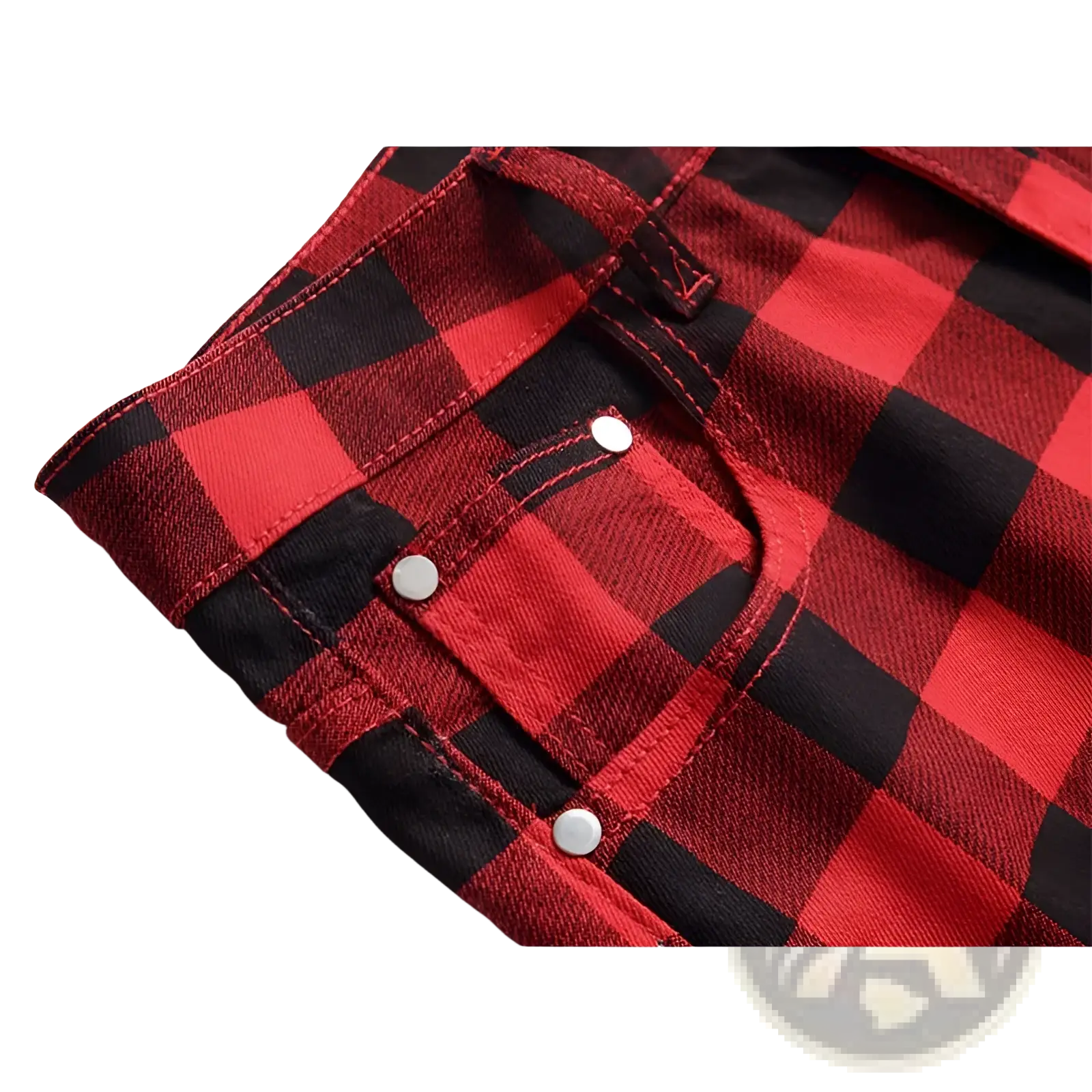 Red plaid slim fit denim jeans featuring red and black plaid pattern with silver snap buttons on denim material