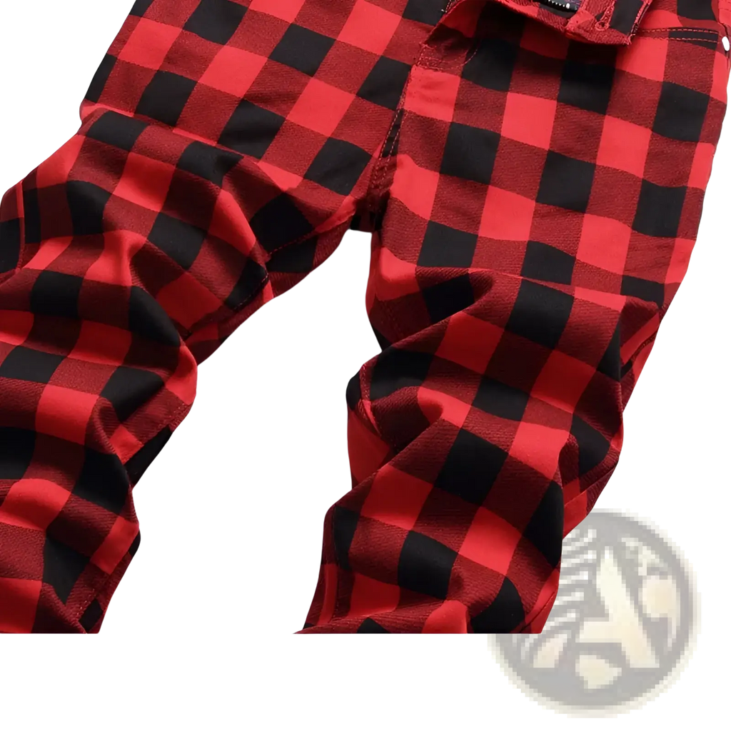 Red plaid slim fit denim jeans featuring a red and black plaid pattern made of denim fabric