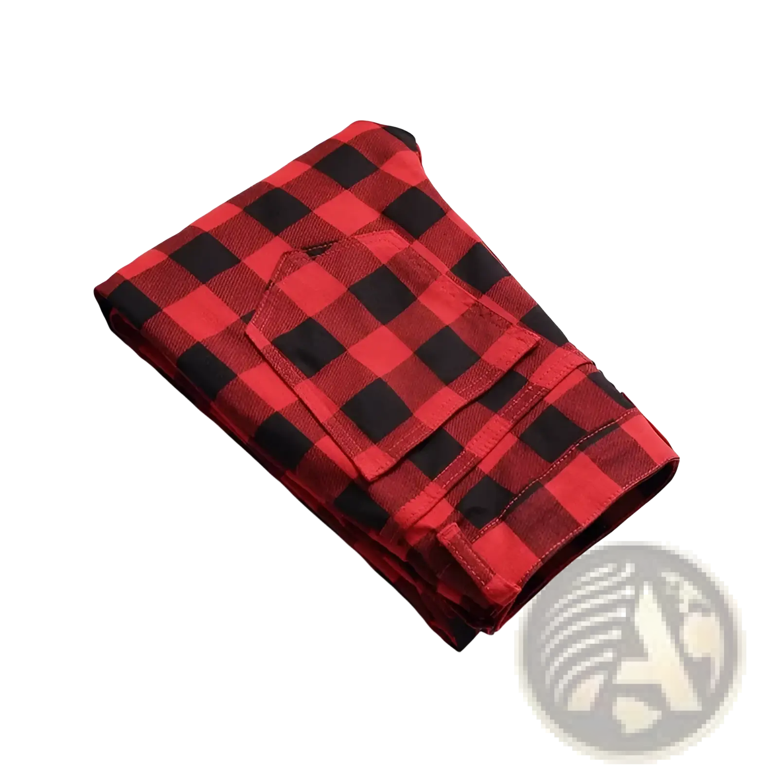 Red plaid slim fit denim jeans featuring red and black plaid pattern with a front pocket detail