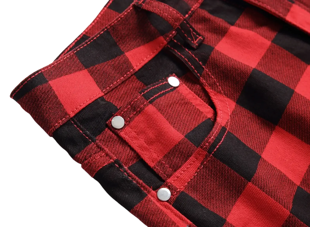 Red plaid slim fit denim shorts in red and black with white button fastenings made of denim material