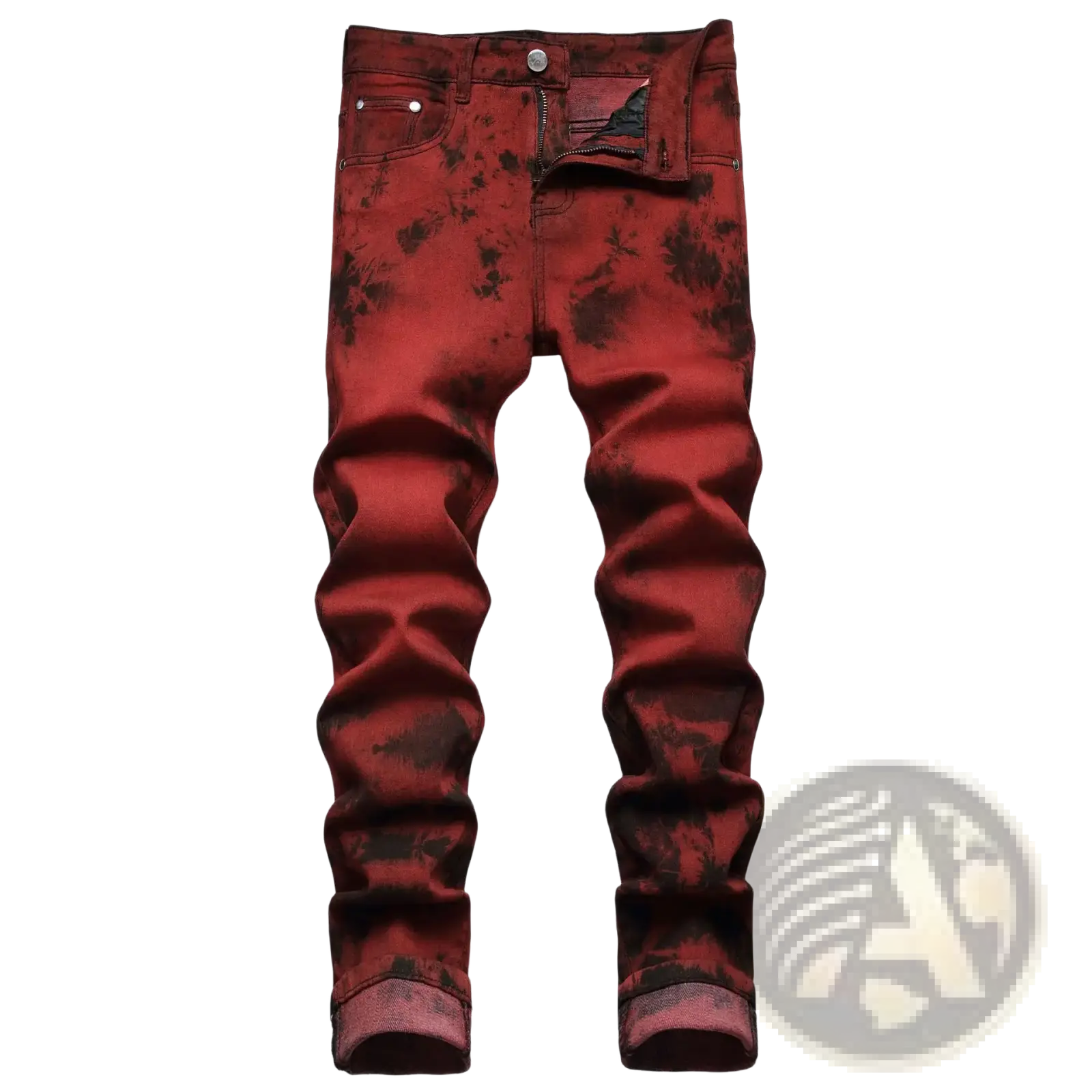 Red plaid slim fit denim jeans featuring red tie-dye fabric with dark splatter patterns and rolled cuffs