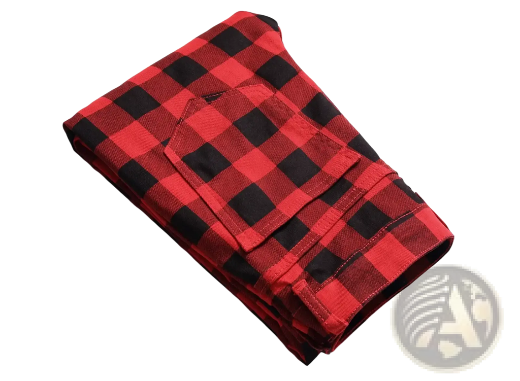 Folded red and black plaid slim fit denim jeans featuring a front pocket and slim fit design