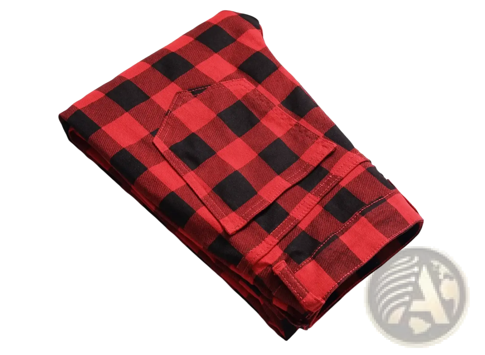 Folded red and black plaid slim fit denim jeans featuring a front pocket and slim fit design