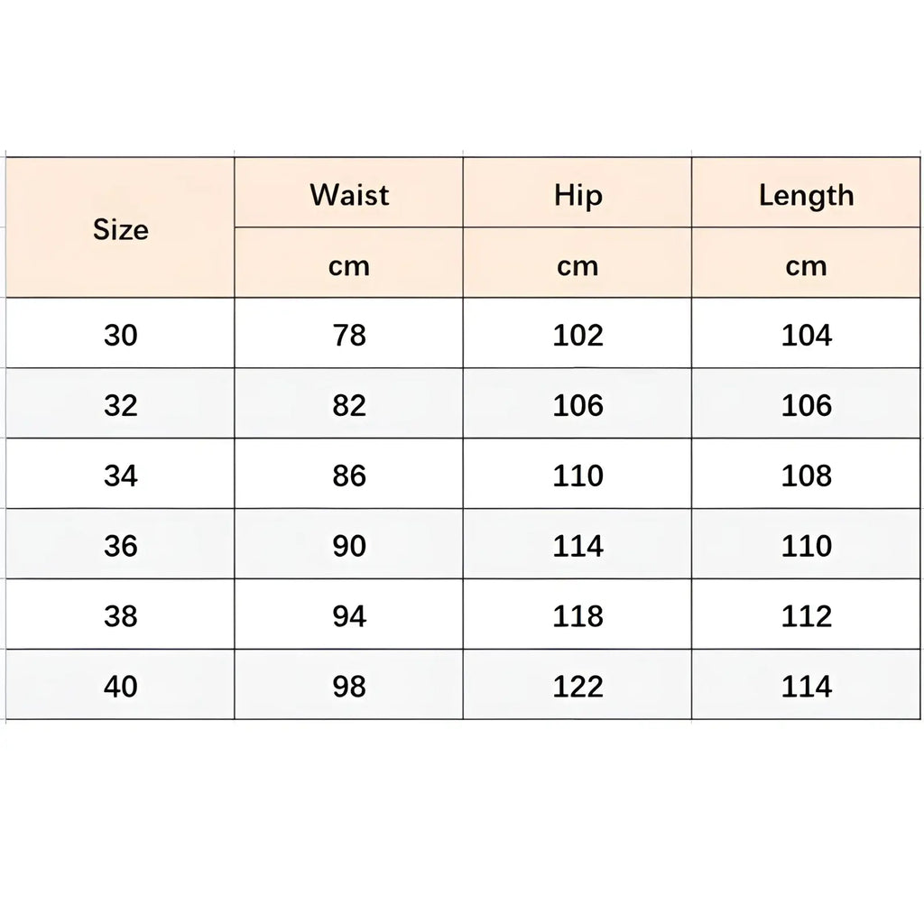 Size chart for red plaid slim fit denim jeans showing waist hip and length measurements in centimeters for sizes 30 to 40