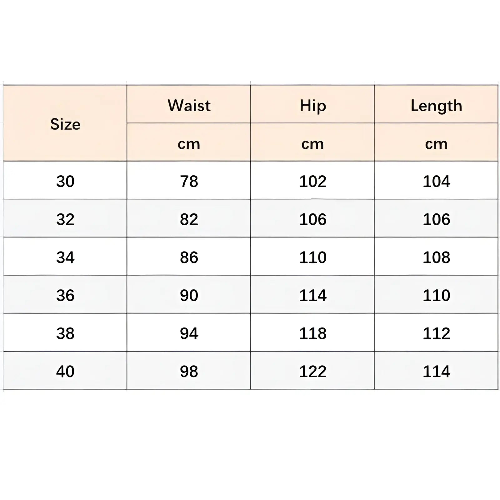Size chart for red plaid slim fit denim jeans showing waist hip and length measurements in centimeters for sizes 30 to 40