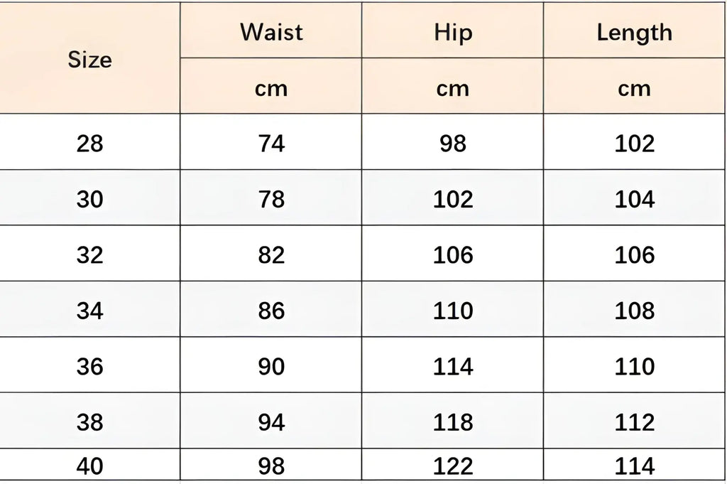 A size chart table showing waist, hip, and length measurements in centimeters for red plaid slim fit denim jeans sizes 28 to 40
