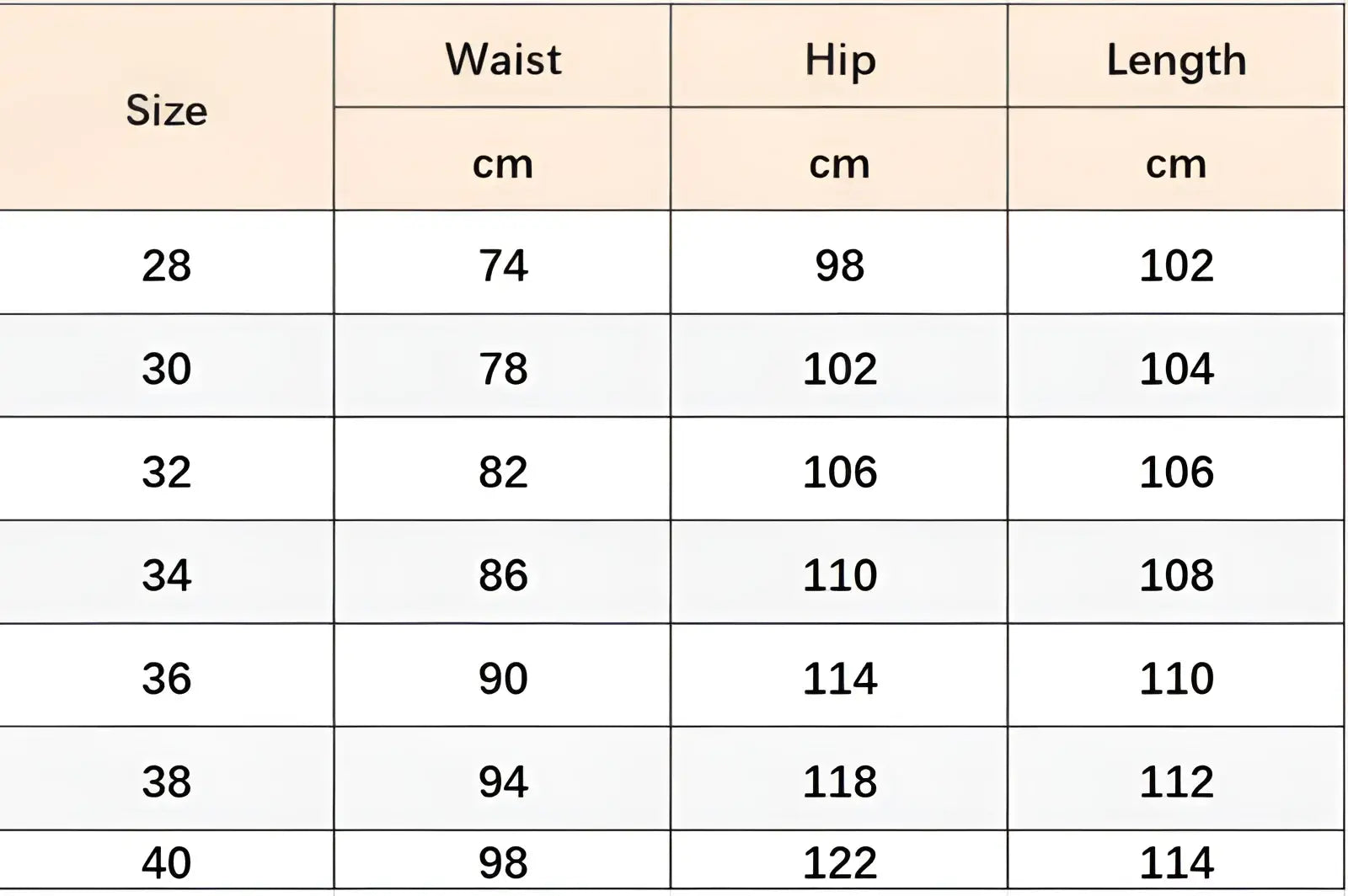 A size chart table showing waist, hip, and length measurements in centimeters for red plaid slim fit denim jeans sizes 28 to 40