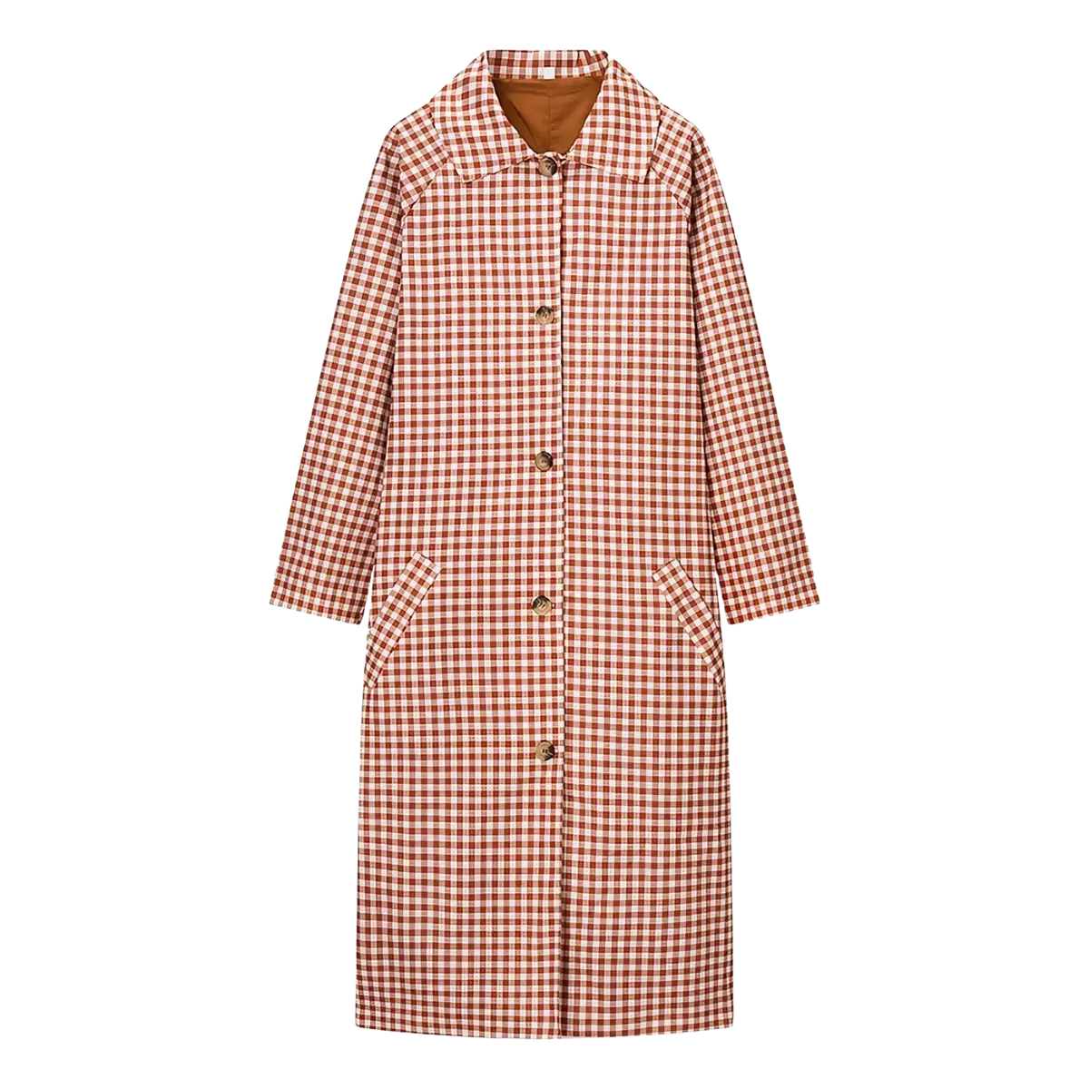 Red plaid trench coat women casual long outerwear with a red and white gingham pattern and brown inner lining