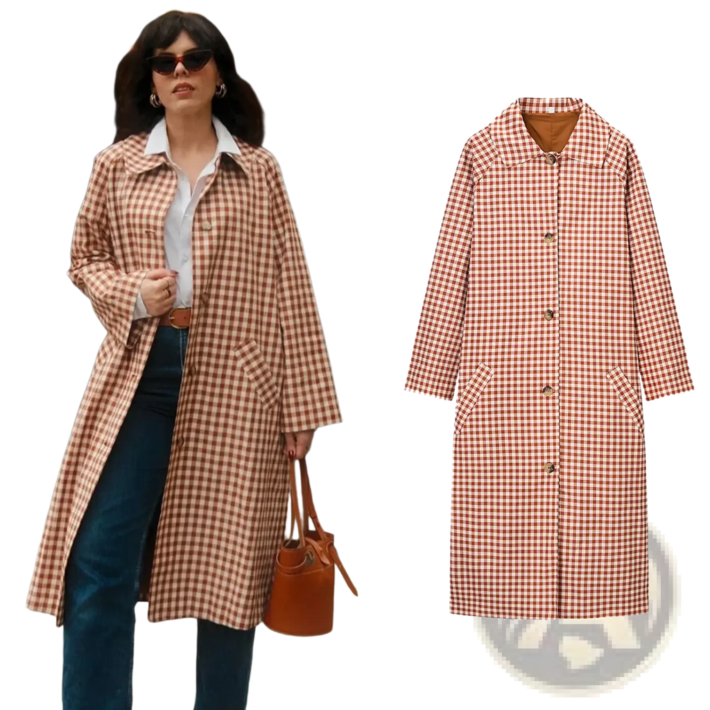 Red plaid trench coat for women featuring a long double-breasted design with brown buttons in gingham pattern
