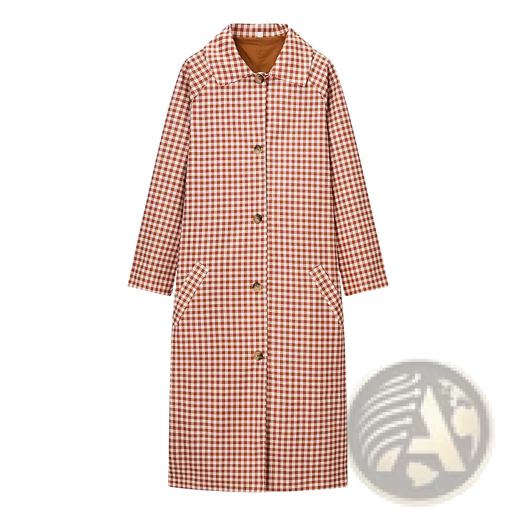 Red plaid trench coat women casual long outerwear with a red and white gingham pattern and brown inner lining