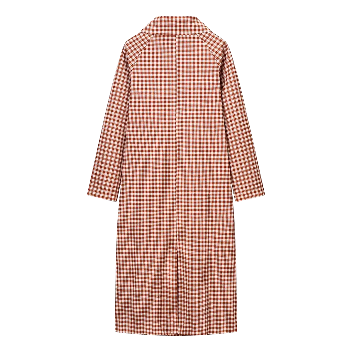 Red plaid trench coat for women with a long red and white checkered design and classic collar for casual outerwear