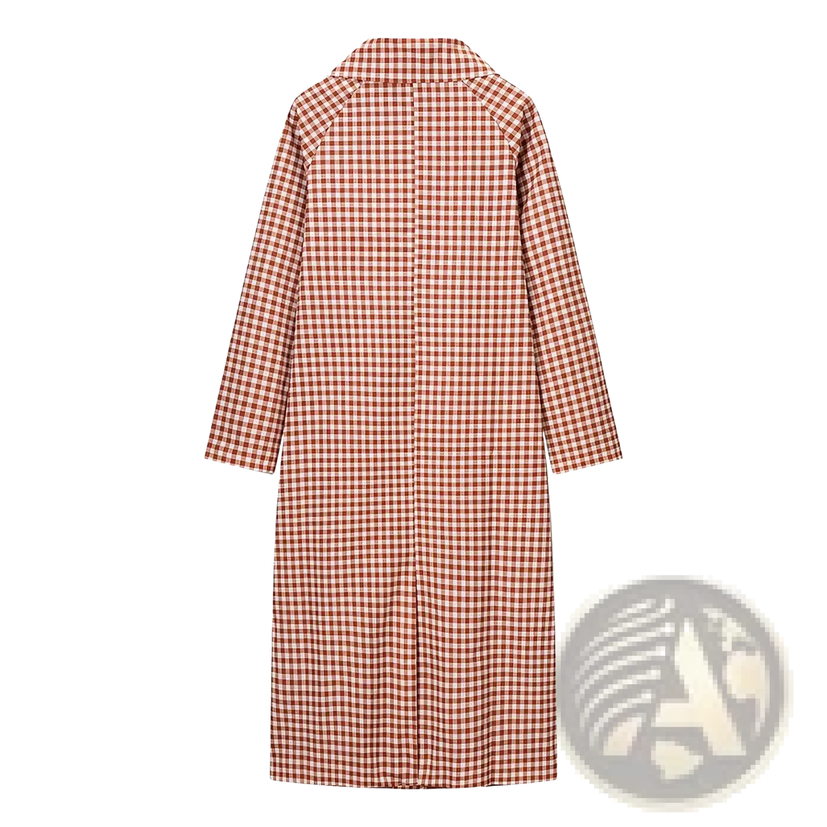 Red plaid trench coat for women with a long red and white checkered design and classic collar for casual outerwear