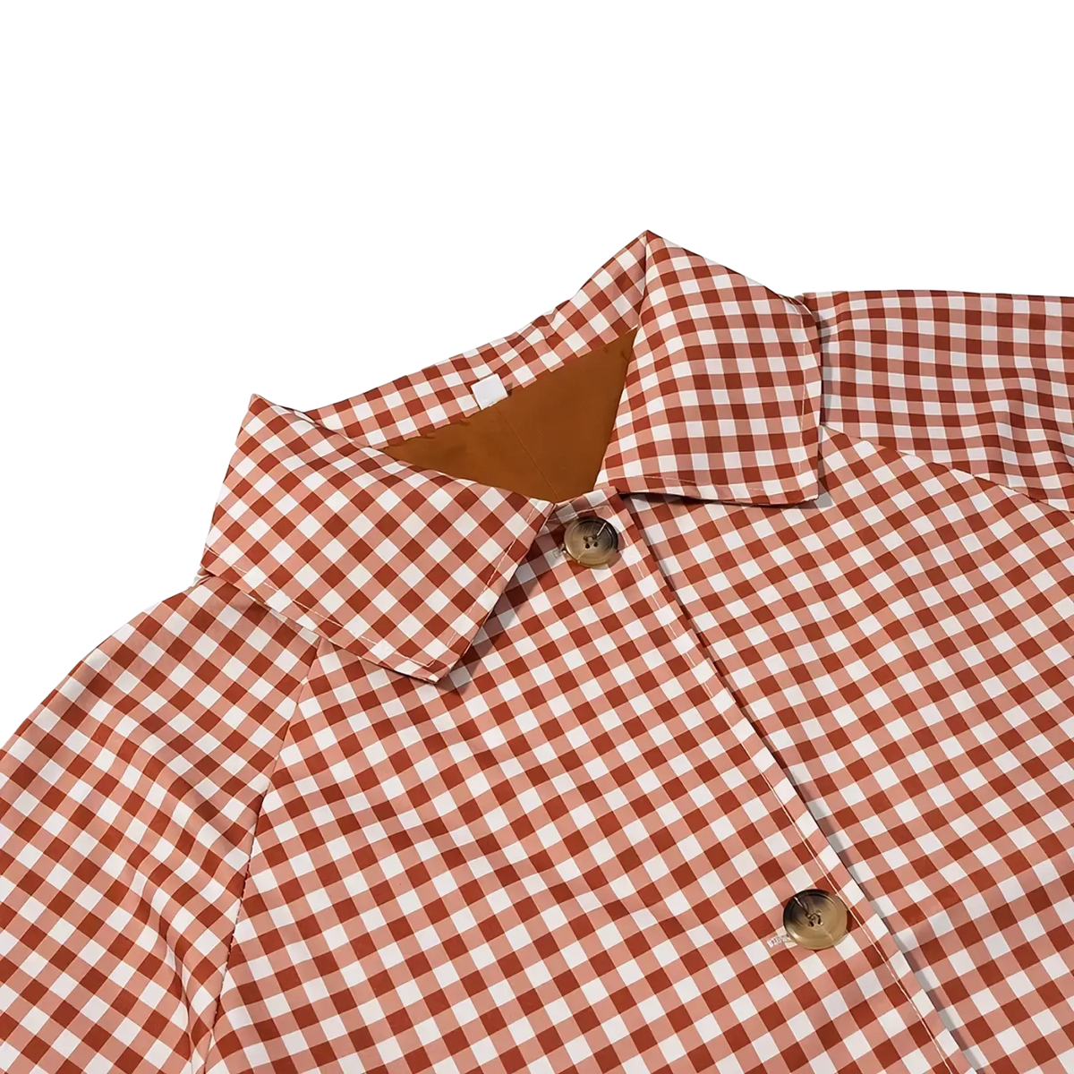 Red plaid trench coat for women featuring a red and white gingham check shirt design with collar and button closures