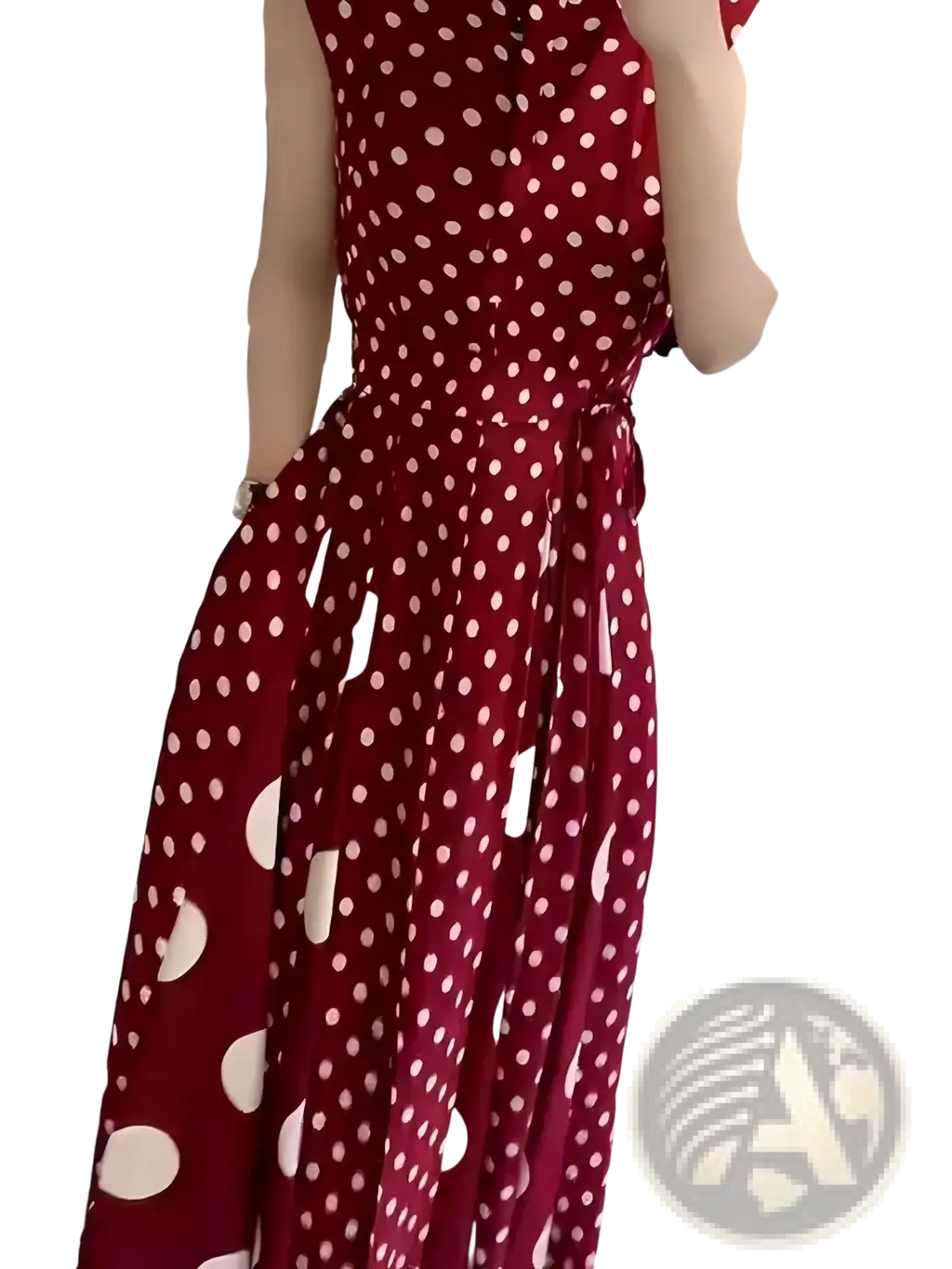 Red polka dot french formal maxi dress with flowing red fabric white polka dots sleeveless design and cinched waist