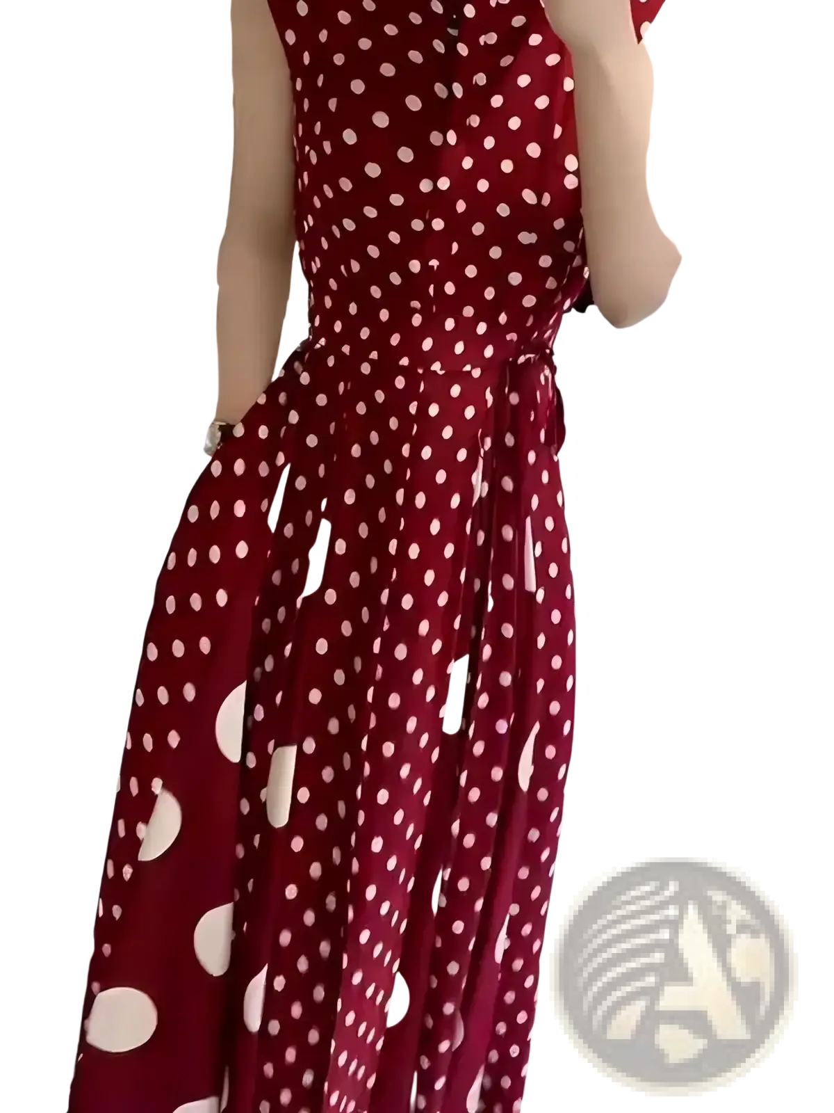 Red polka dot french formal maxi dress with flowing red fabric white polka dots sleeveless design and cinched waist