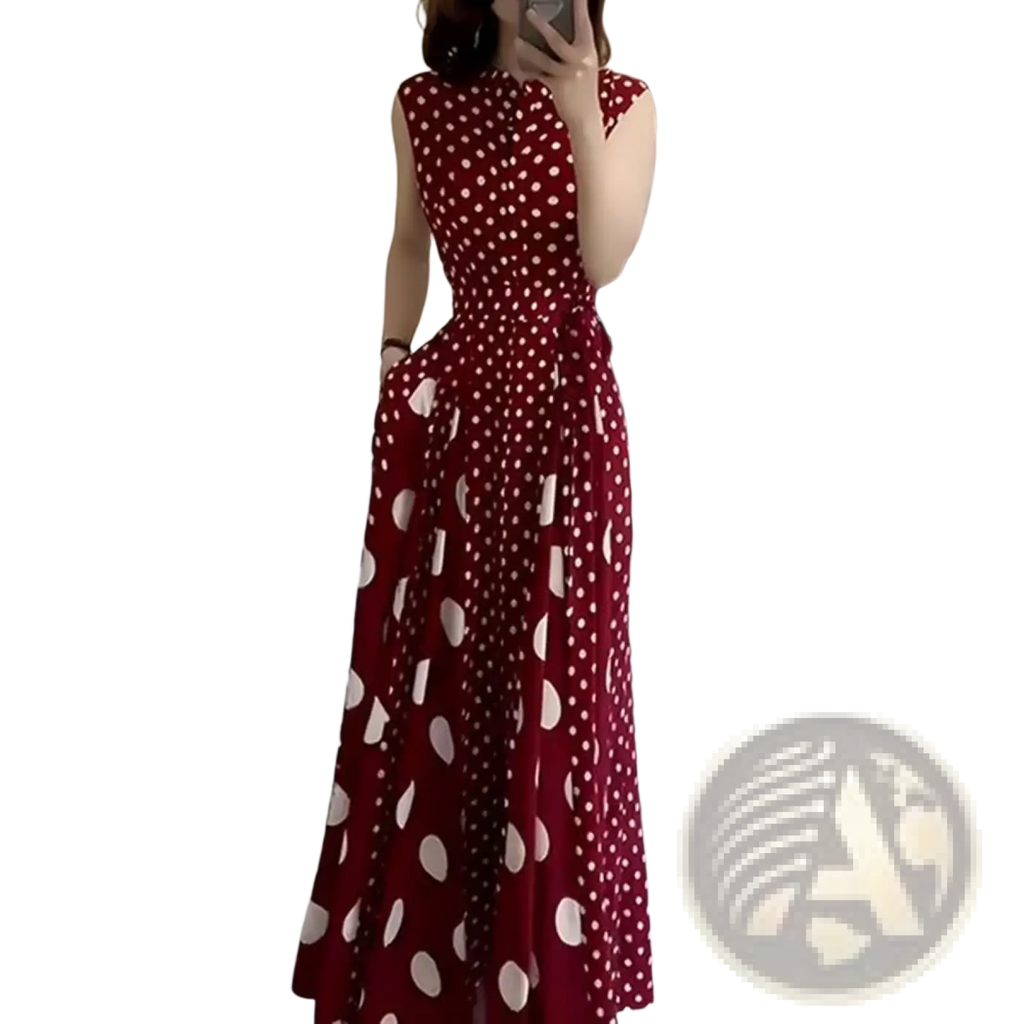 Red polka dot french formal maxi dress with fitted bodice flared skirt sleeveless design and side pockets