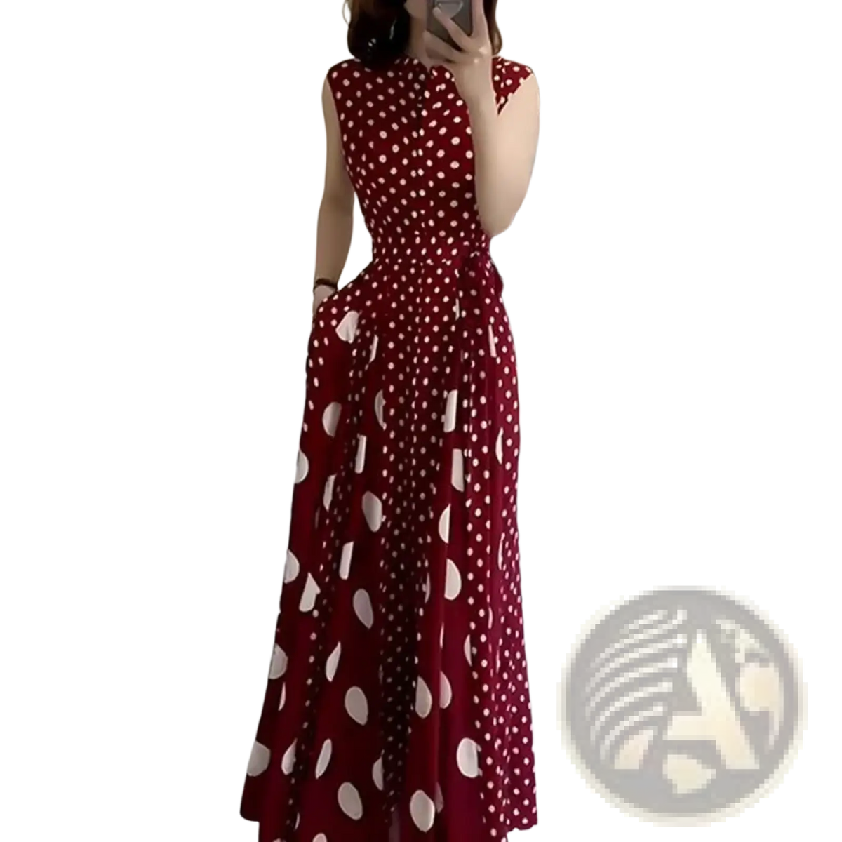 Red polka dot french formal maxi dress with fitted bodice flared skirt sleeveless design and side pockets