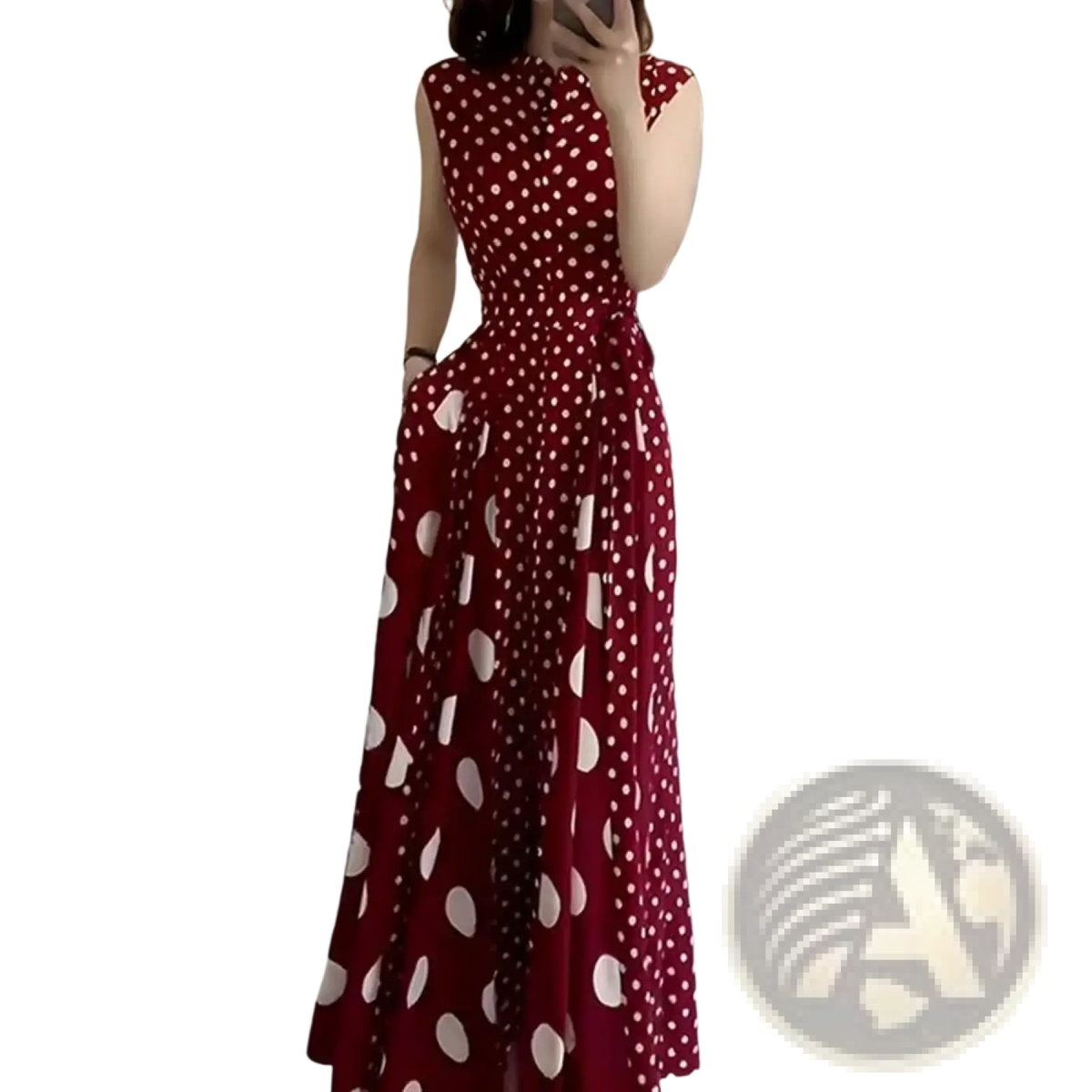 A woman wears a sleeveless floor-length red polka dot French formal maxi dress
