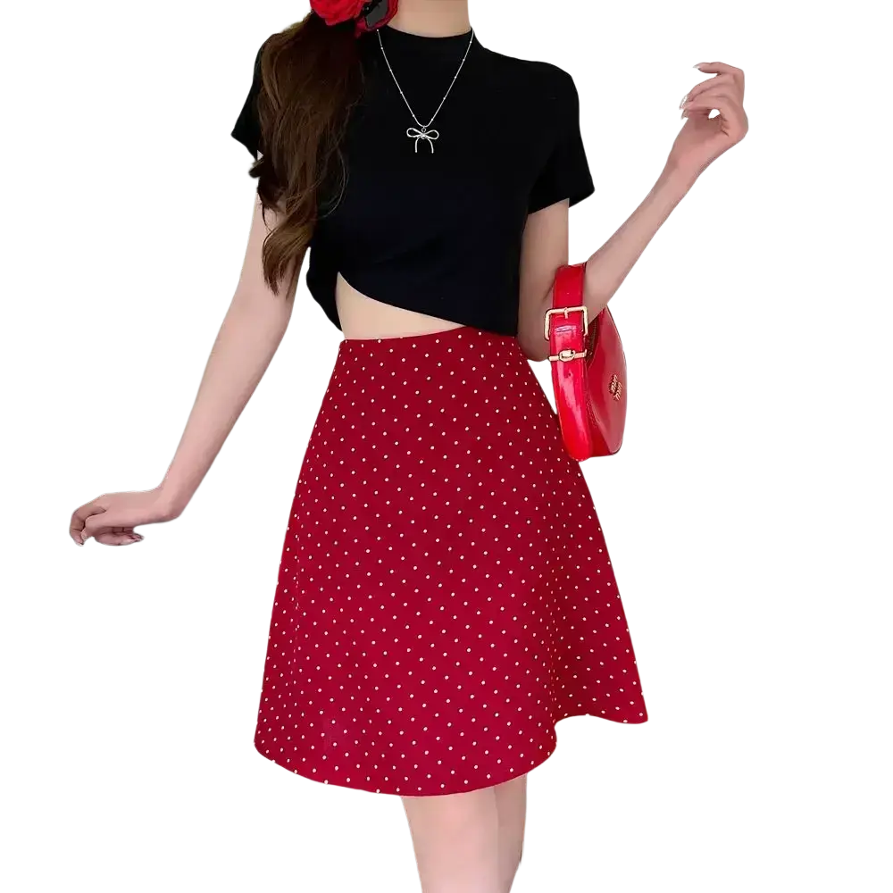 Red polka dot a-line midi skirt with white dots and flared hem perfect for casual and semi-formal wear