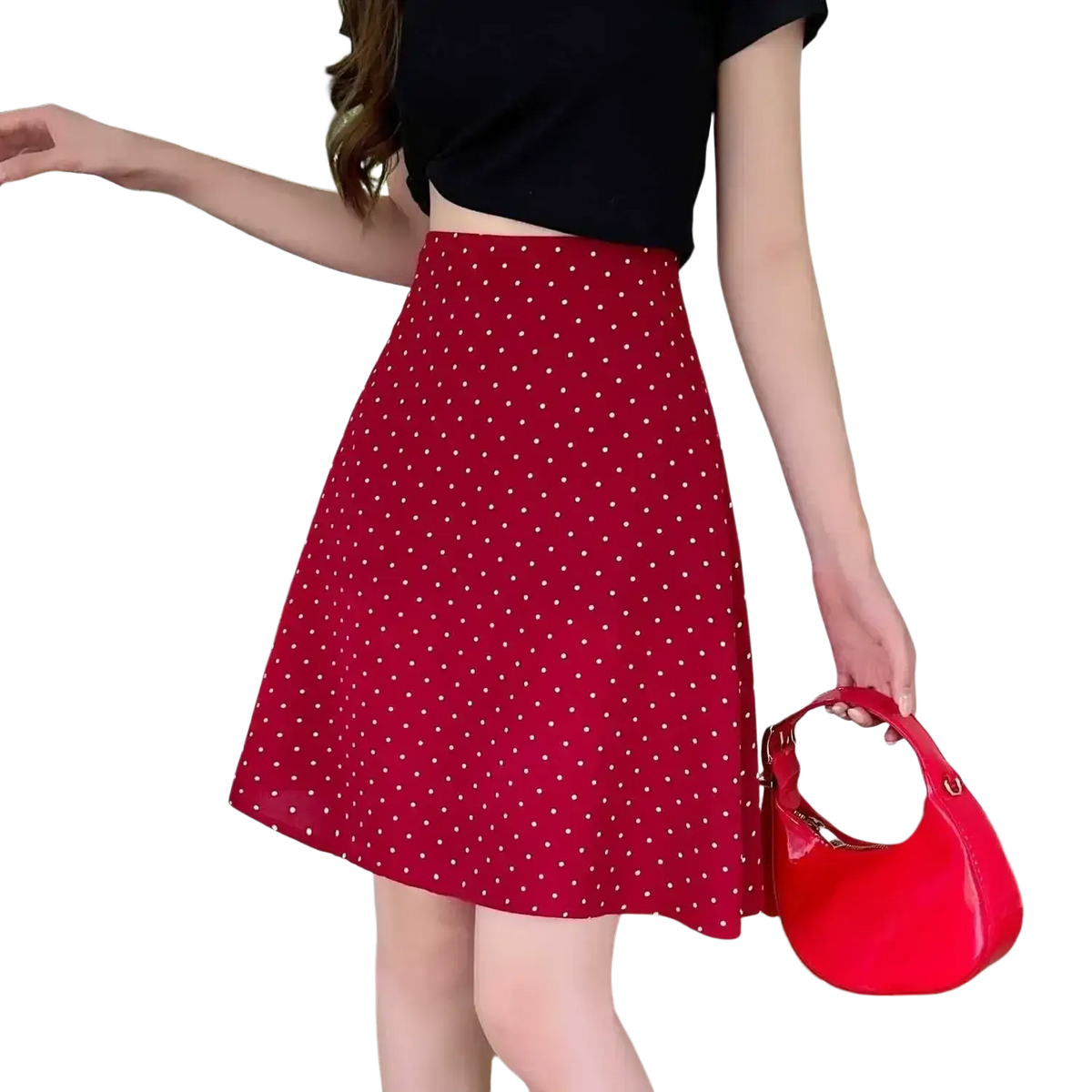 Red polka dot a-line midi skirt featuring white dots on red fabric perfect for casual and semi-formal wear