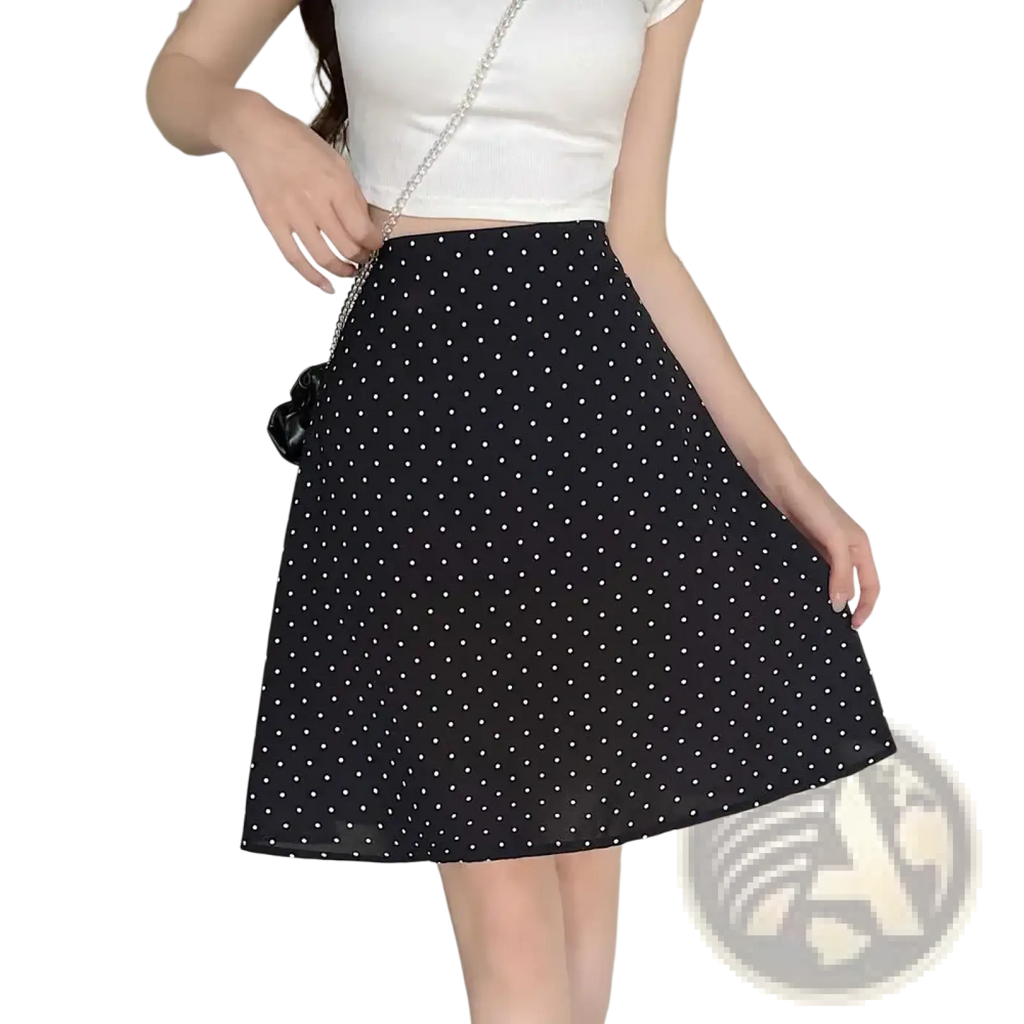 Black a-line skirt with white polka dots and a fitted waistband in a red polka dot a-line midi skirt product image